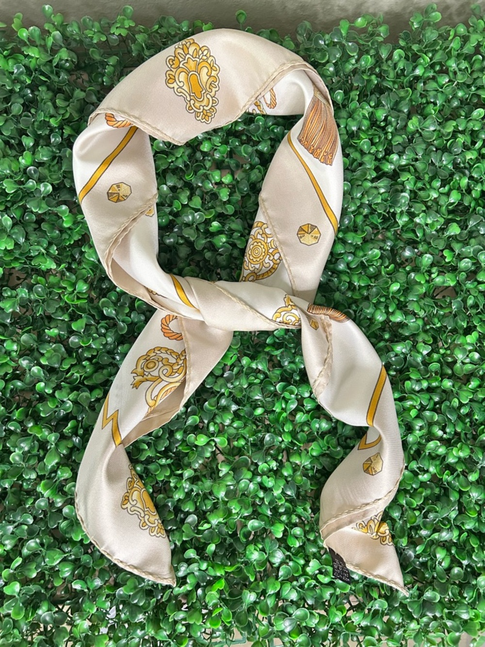 Italian Silk Scarf – Ornate Key & Tassel Print 34” x 35” Cream and Gold Colors